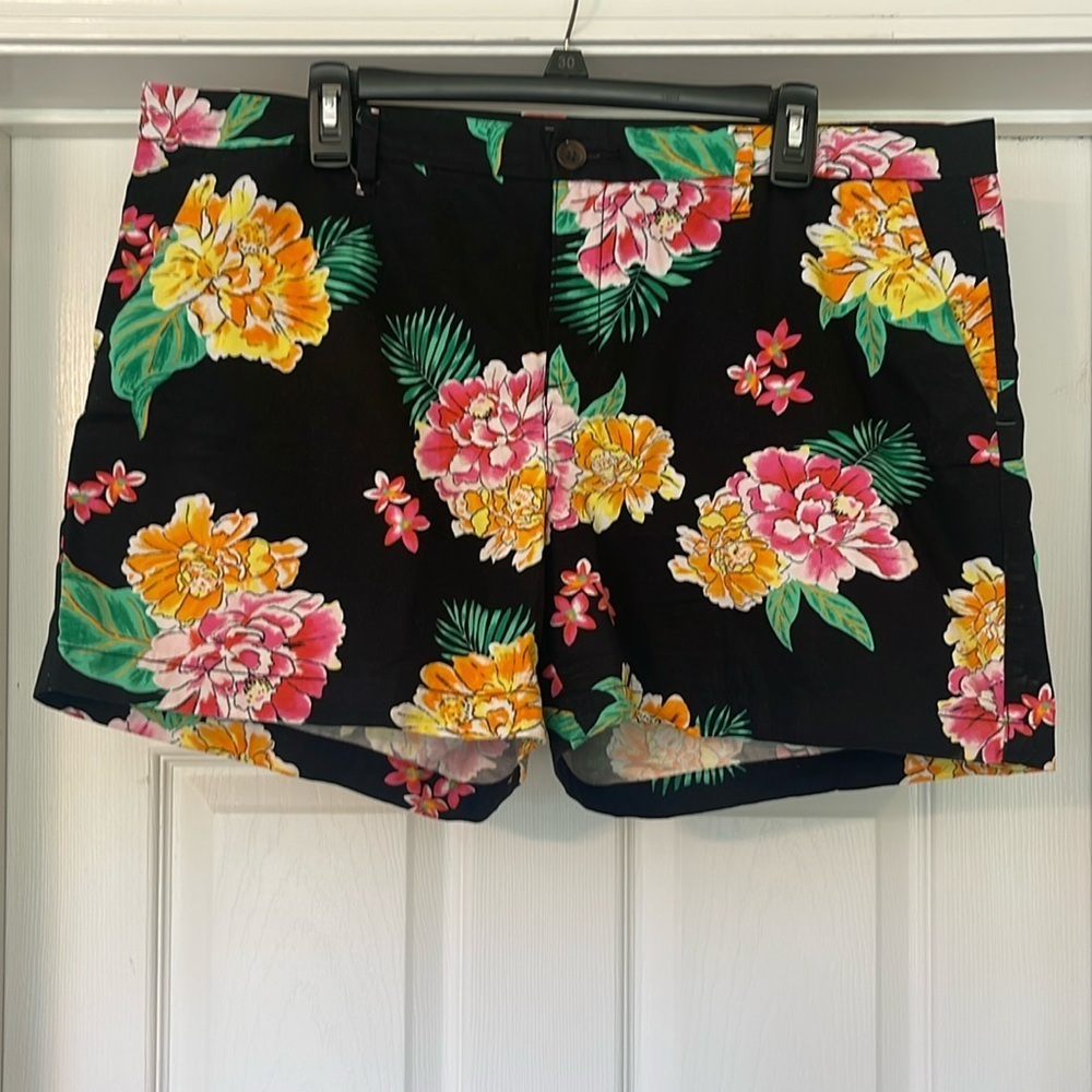 Old Navy - black shorts with bright orange, yellow, pink, white & green - 16